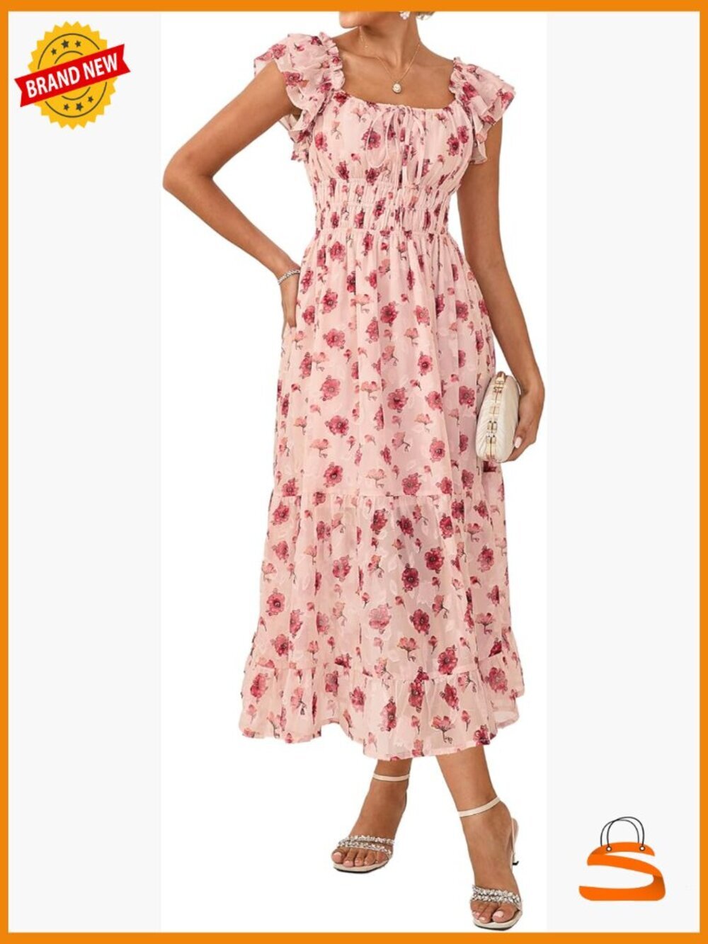 Floral Midi Dress Square Neck Ruffle Sleeve A-Line Summer Cottagecore